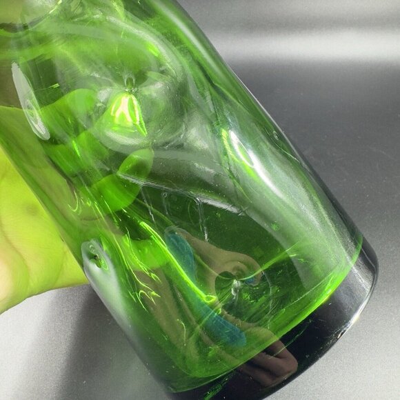 1970s Hand Blown Emerald Green Tall Cylinder Glass Vase Dimple Hand Made Vintage - Picture 6 of 14